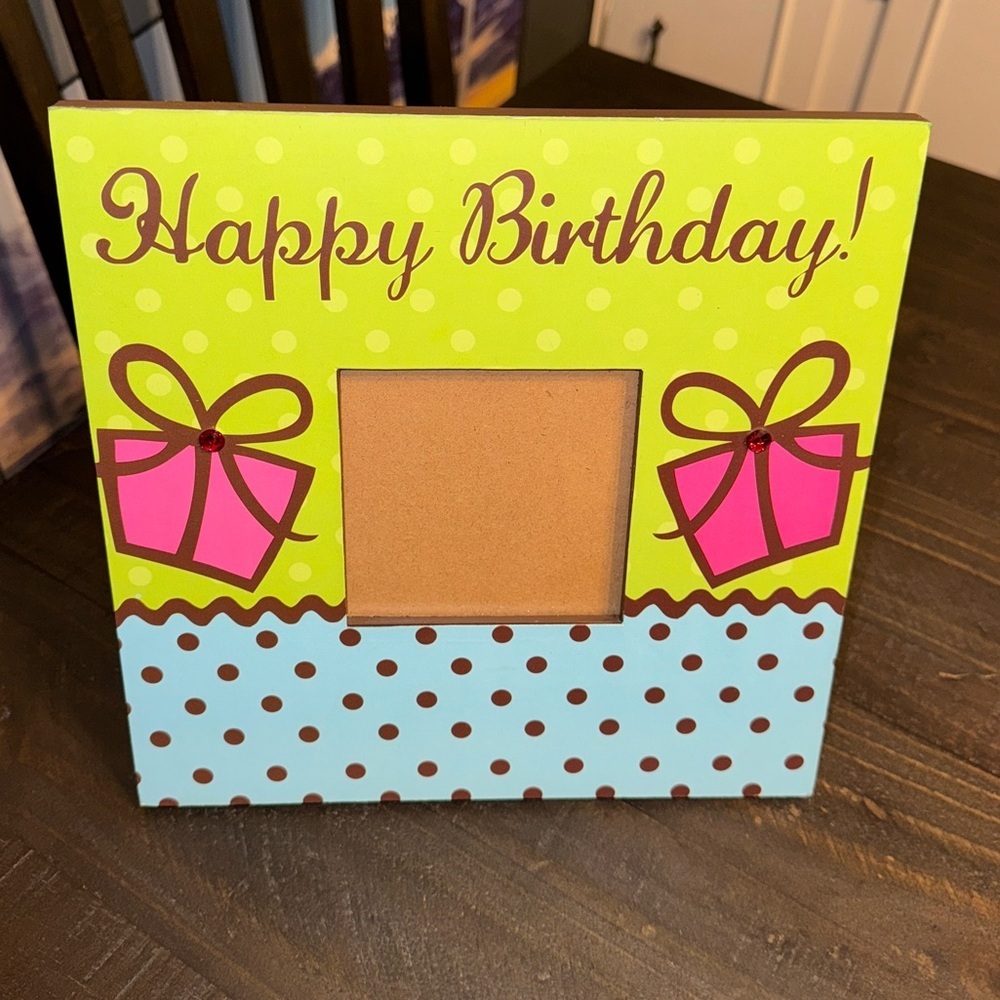 Happy Birthday Photo Picture Frame with Gift Present Design 4x4 Green Pink Blue
